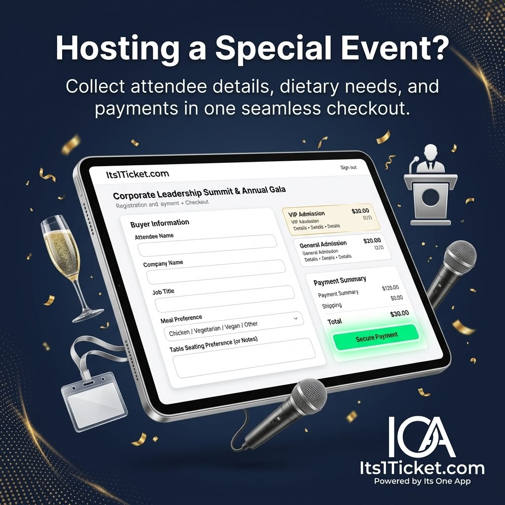 Special event and gala registration with attendee details and payment